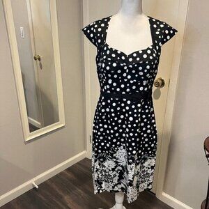 Spense Black & White Polka Dot Floral Print Midi Dress, Size 10